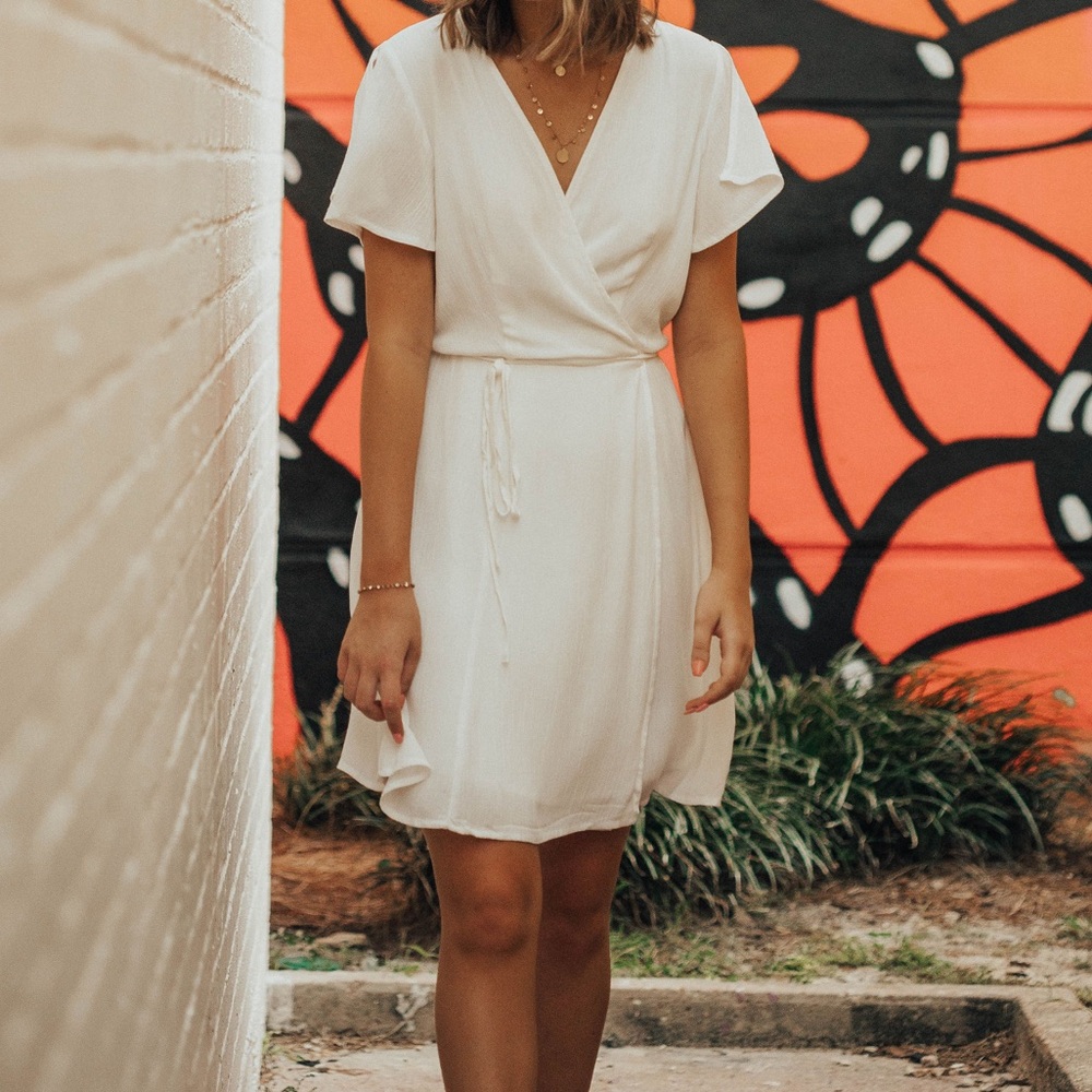 lulus medium white flowy wrap dress with tie split ruffle sleeve mini dress